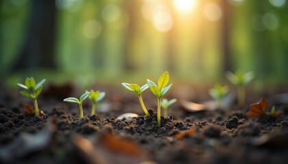 Macro photography of tiny sprouts in moist soil on the forest floor at dawn
