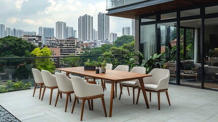 Obraz premium An extendable teak dining table with slim tapered legs, paired with comfortable fabric-cushioned chairs, placed on a rooftop terrace with glass railings and city skyline views,