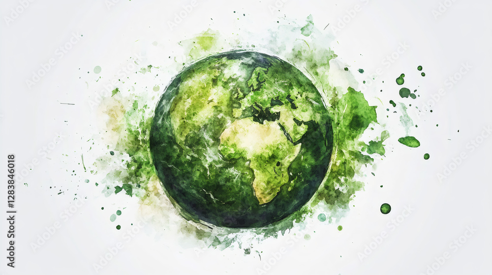 Aufkleber watercolor rendering depicting planet's ecosystem, emphasizing global conservation efforts