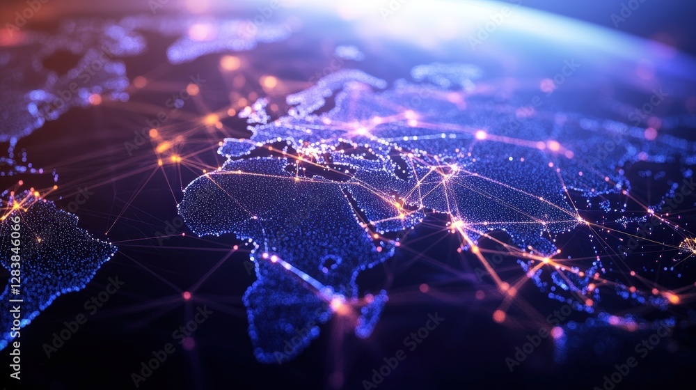 Poster world map with interconnected dots representing global communication and digital network concept