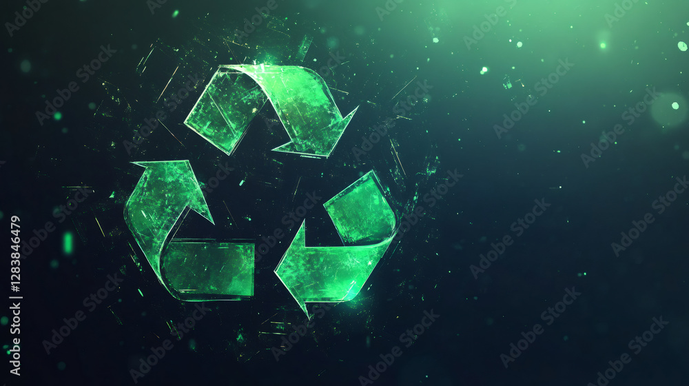 Poster green recycle symbol rotating with particles on a dark background, concept of ecology and environmen