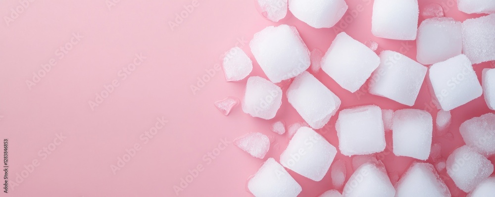 Poster ice cubes scattered on a soft pink background creating a refreshing and cool atmosphere for summer d