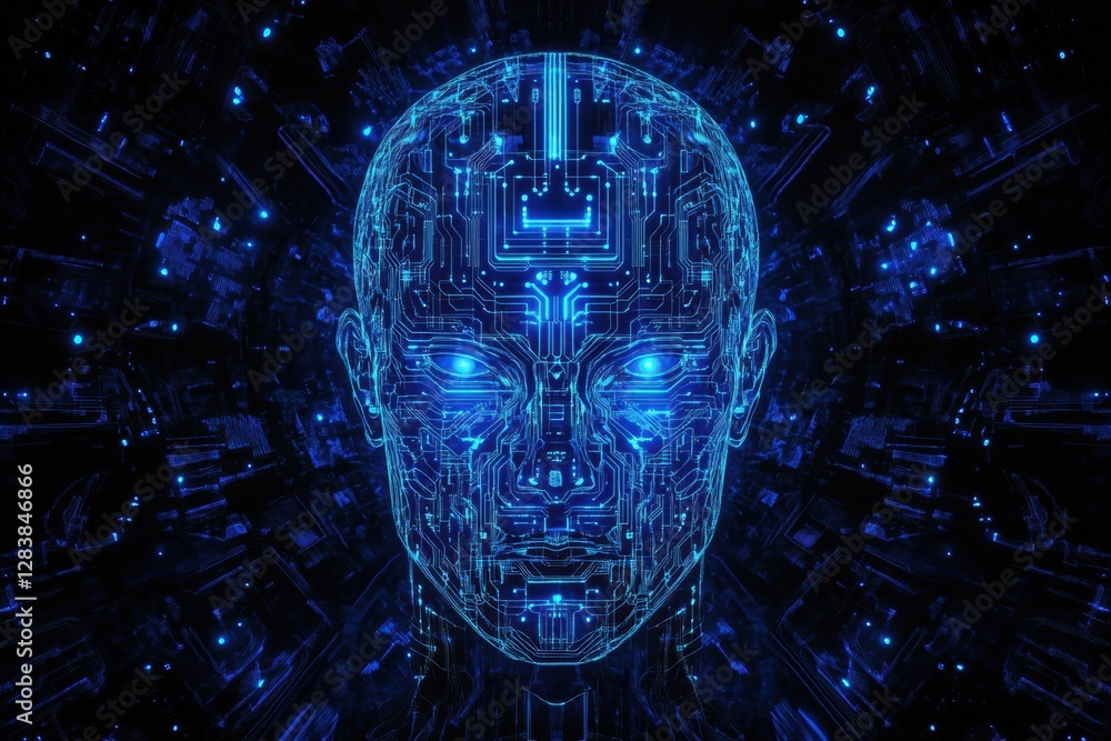 Poster futuristic human head silhouette with glowing circuit board design and neon lines showcasing advance