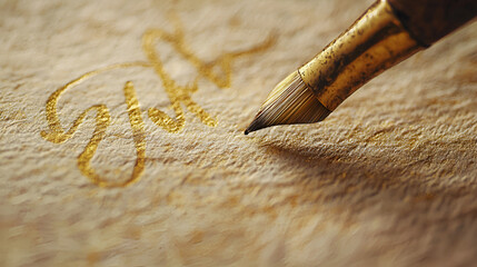 Artistic detail: Close-up of golden pen writing on textured paper, capturing elegance and timeless craftsmanship.
