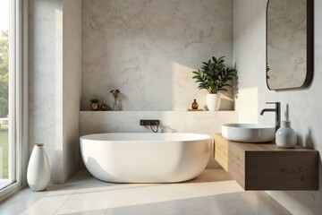 Fototapeta premium Minimalist bathroom with bathtub, sink, and simple shelf decor, empty, decor