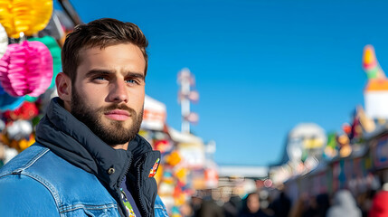 Portrait of a Man in Denim Jacket at a Fairground