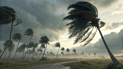 Rain and storm winds blowing trees