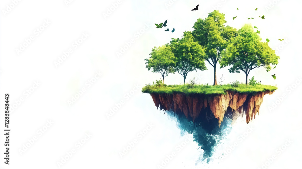 Poster lush trees growing on a floating island with birds flying around, symbolizing environmental conserva