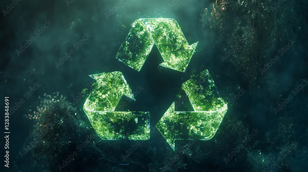 Poster glowing green recycle symbol represents eco-friendly practices and resource conservation for a susta
