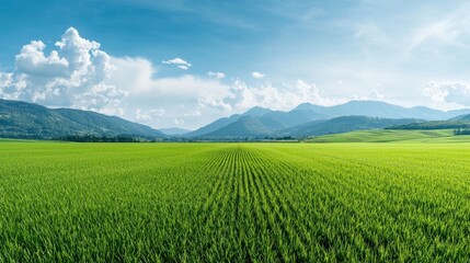 Fototapeta premium Lush Green Rice Field with Scenic Mountains Under Blue Sky and Sunlit Clouds in a Peaceful Rural Landscape