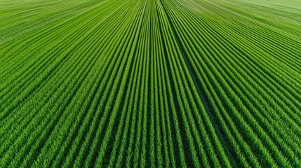 Obraz premium Lush Green Agricultural Field with Vibrant Rows of Growing Crops During Sunny Day, Aerial View of Fertile Land and Patterns of Nature