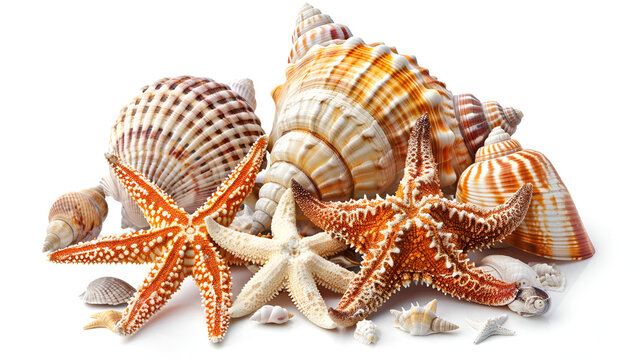 This collection includes various types of seashells and starfish such as kings crown seashell, pink murex seashell and Pisaster ochraceous starfish