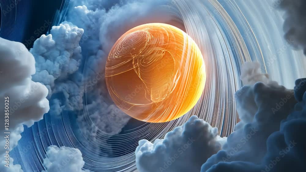 Poster rotating globe surrounded by optical fiber clouds conveying a sense of modern technology and connect
