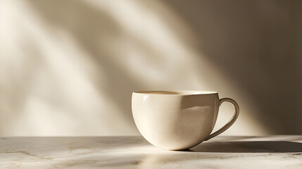 Elegant stoneware mug basking in gentle sunlight, simple yet refined, set against a neutral background.