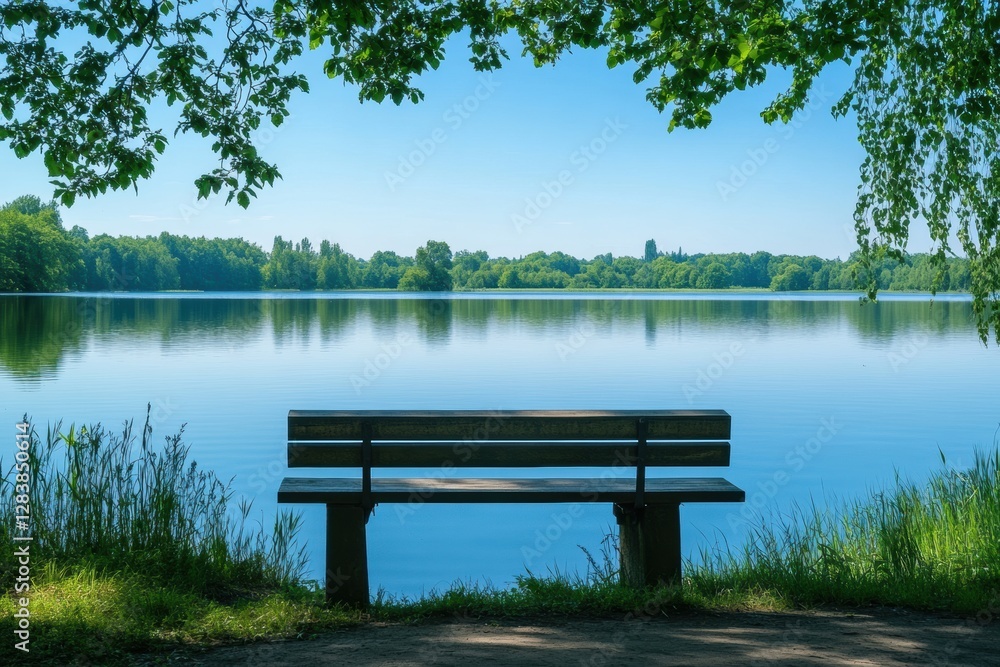 Aufkleber Tranquil lake view with a wooden bench under lush trees on a sunny day in a serene park setting. Generative AI