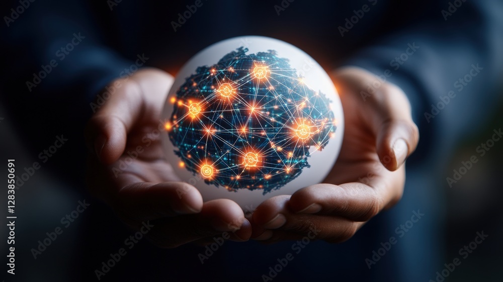 Aufkleber person holding a white globe with digital network lines representing global connectivity and data sh