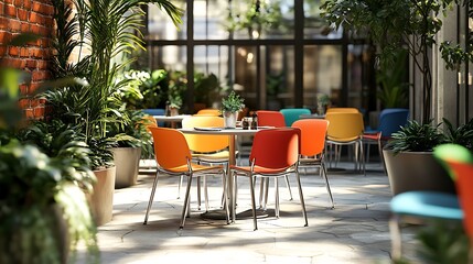 Fototapeta premium Space-saving stacking patio chairs with vibrant-colored plastic seats and lightweight aluminum frames, arranged in a sunlit courtyard with modern geometric planters, bright, cheerful atmosphere,