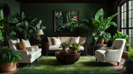 A forest-inspired living room with dark green walls