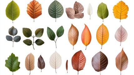 Variety of Colorful Leaves Isolated on White Background for Nature Theme
