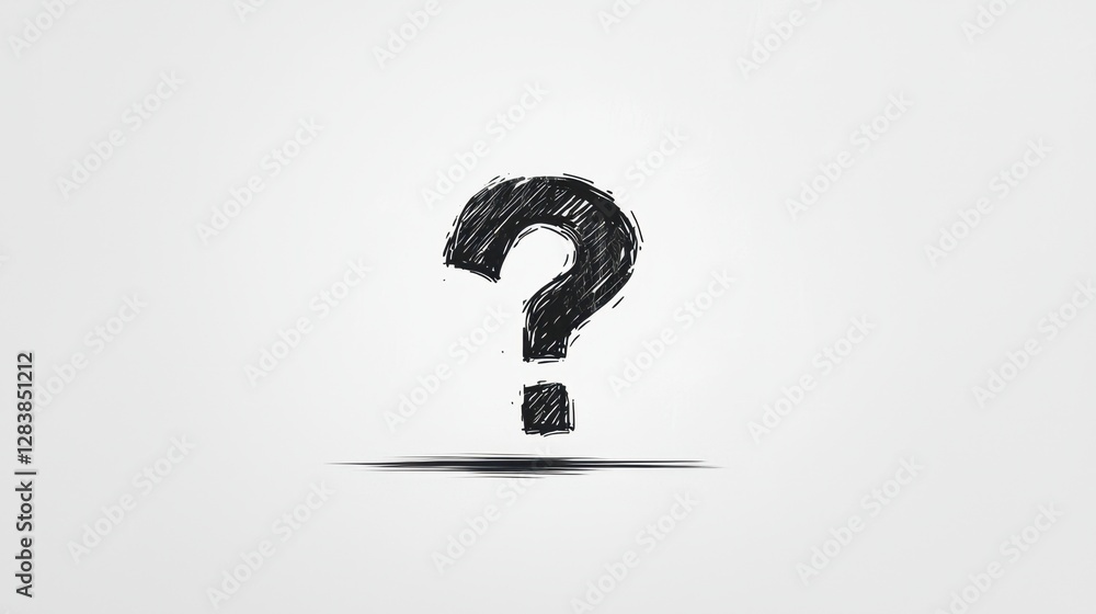 Poster hand-drawn black question mark symbol on a light background representing inquiry, uncertainty, and c