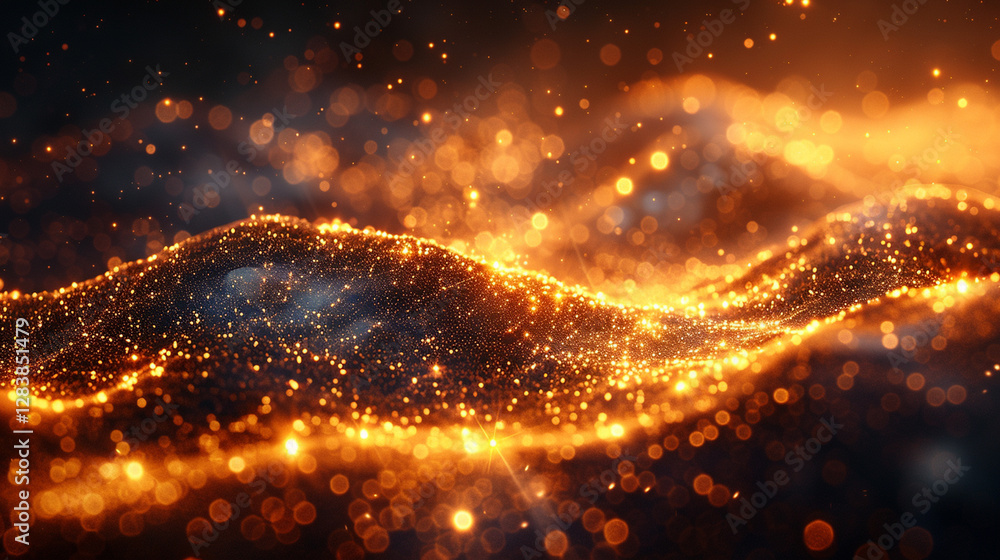 Wall mural abstract gold particles flowing in wavy patterns against a dark background.