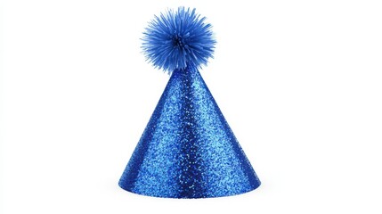 Sparkling blue party hat with pom pom on white background