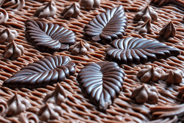 Chocolate cake surface with icing and fudge decorated with chocolate leaves, closeup