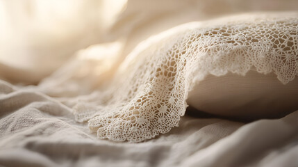 A cushion with a delicate, handcrafted lace cover rests on a soft, textured fabric in a warm light.