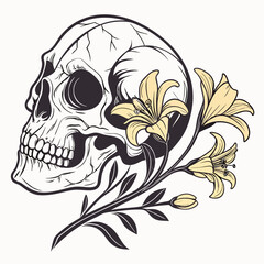 Skull with Blooming Flowers Vector – Dark Aesthetic Illustration