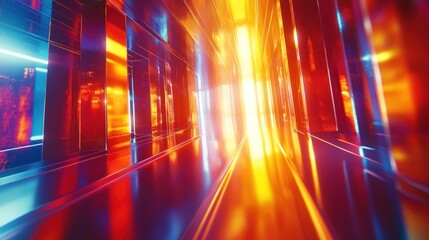 Futuristic tunnel, vibrant colors, glowing light, reflections