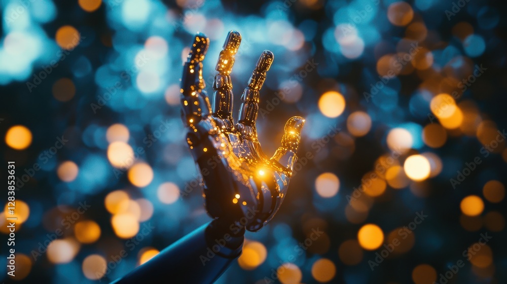 Poster futuristic robotic hand with glowing lights in a bokeh background