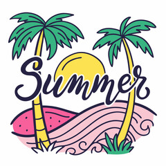 Obraz premium Summer Beach Logo Vector – Tropical Sunset and Palm Trees