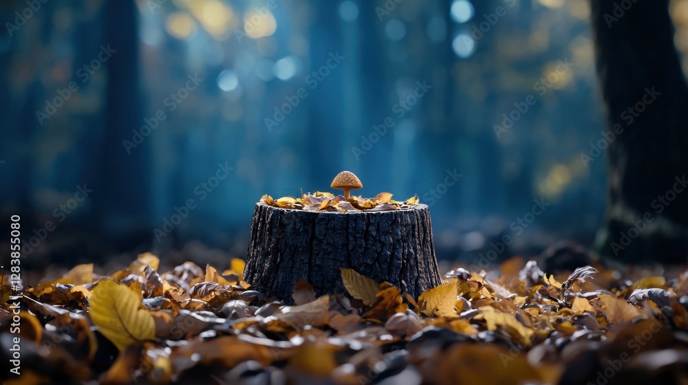 Poster tranquil forest scene with a mushroom on a tree stump surrounded by colorful autumn leaves and soft 