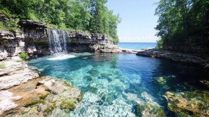 Crystal-clear waterfall pool nestled in natural rock formations. Scenic lake shore. Ideal for nature photography