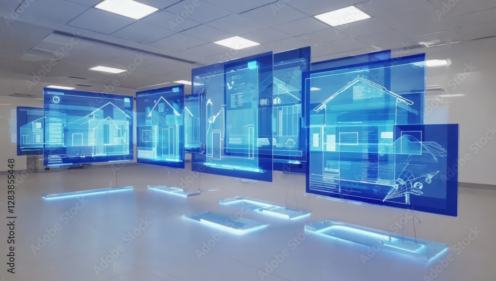 Poster modern home design displayed on interactive screens