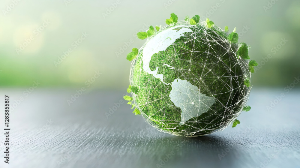 Aufkleber green planet earth with leaves growing and network connection promoting environmental technology for