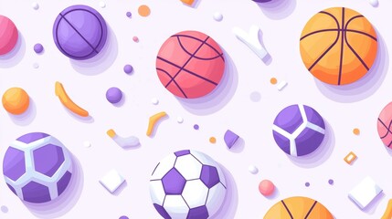 Colorful pattern of various sports balls including basketball, soccer, and volleyball arranged on a light background with playful geometric shapes and textures