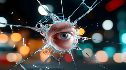 A Blue Eye Peering Through a Shattered Mirror at Night