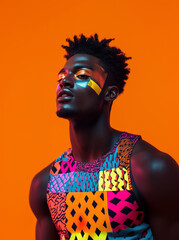 Man in colorful t-shirt with vibrant tropical print, on a colorful background. Photography for advertising Carnival and summer in Brazil: fashion, culture and lifestyle in an explosion of colors