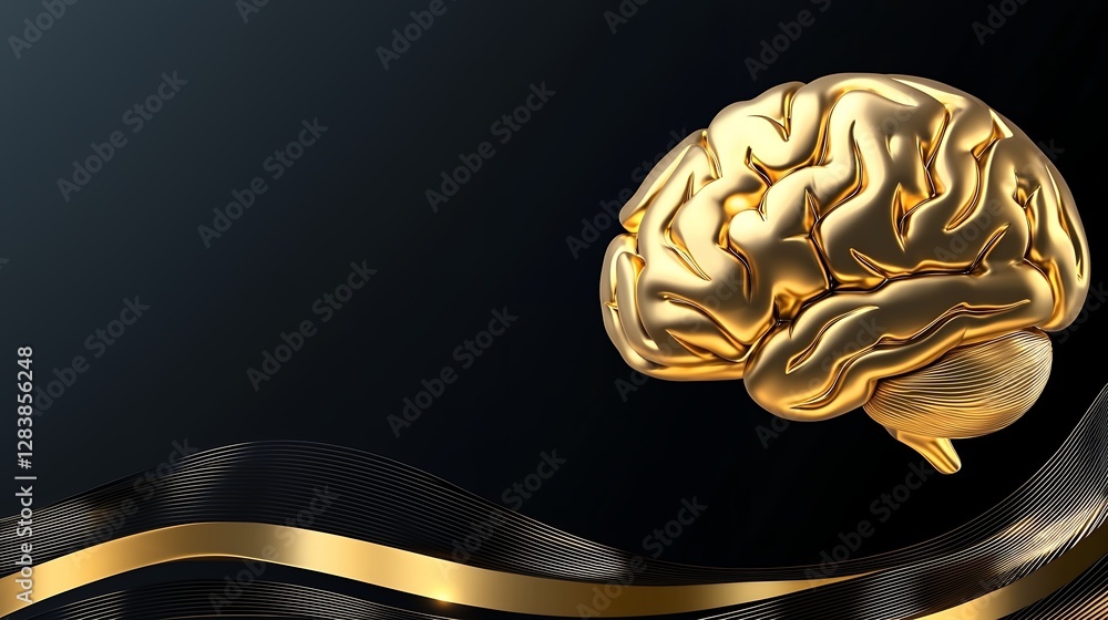 Poster golden brain illustration with neural network pattern on dark background