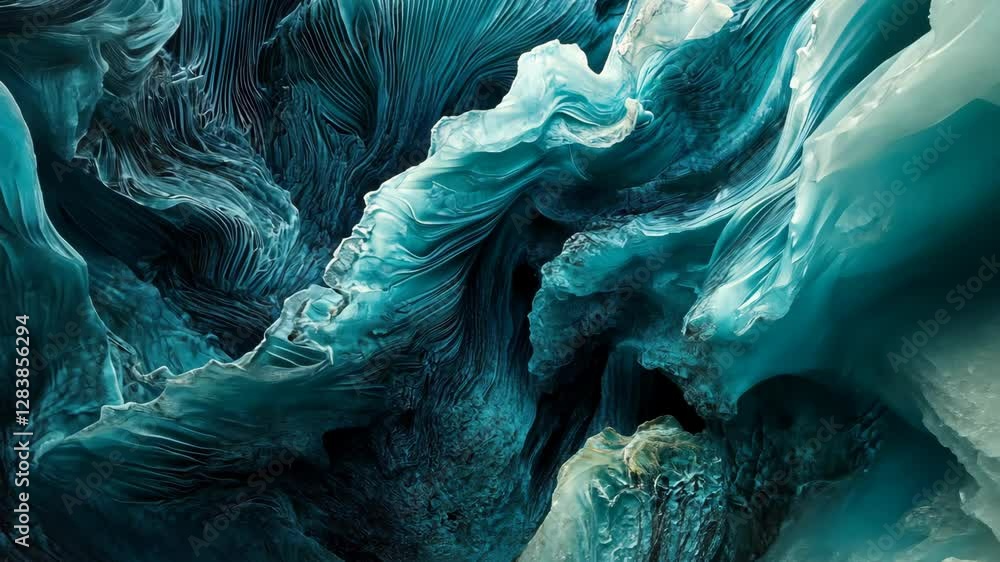 Poster swirling patterns of turquoise and teal create an abstract underwater landscape full of movement and