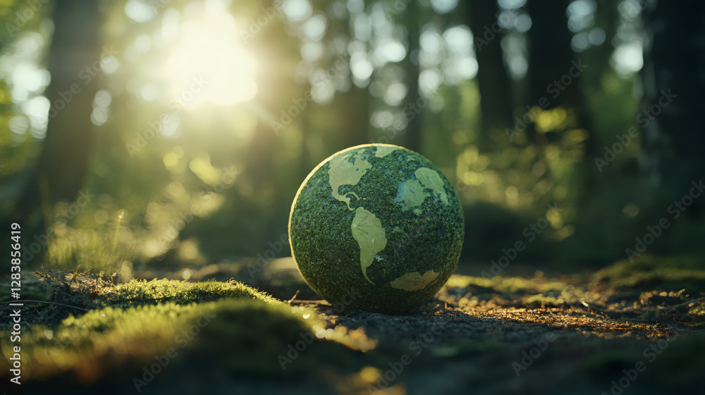 Poster mossy globe resting on forest floor symbolizes the importance of environmental preservation and high