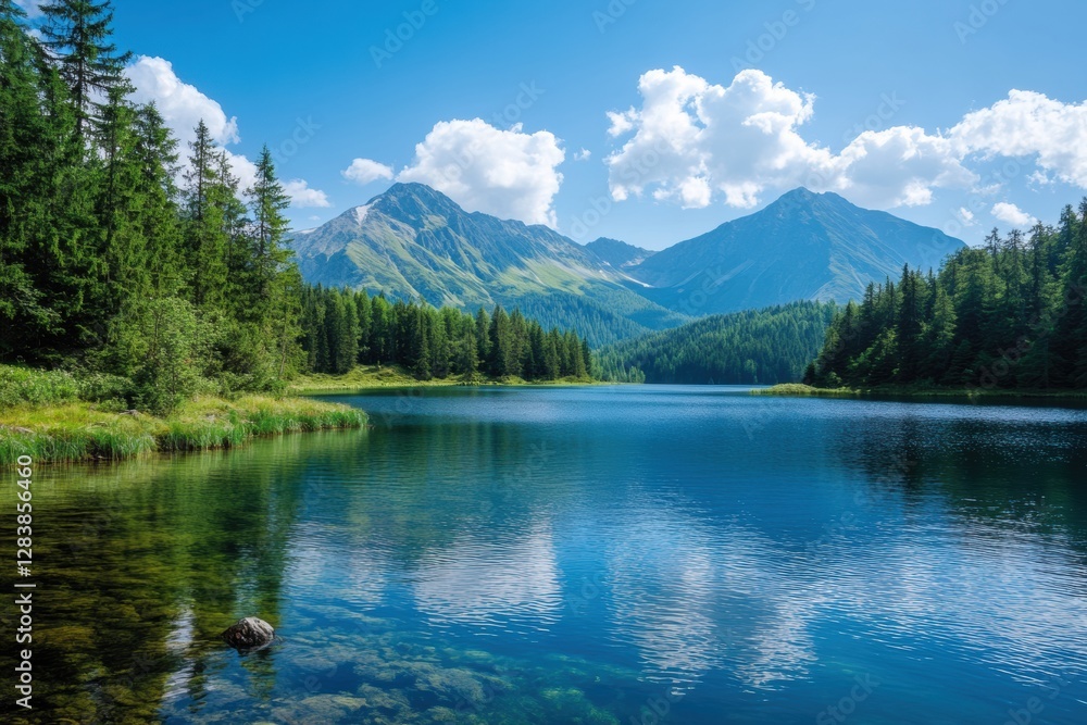 Aufkleber serene mountain lake reflecting blue sky and surrounding trees during a clear sunny day in the count