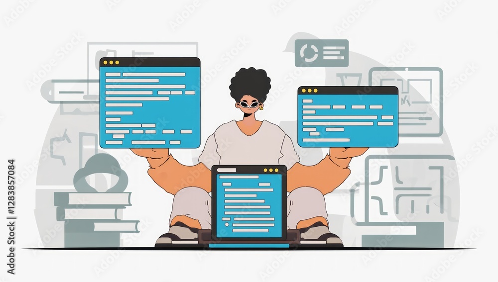 Poster person holding computer screens, coding in flat design