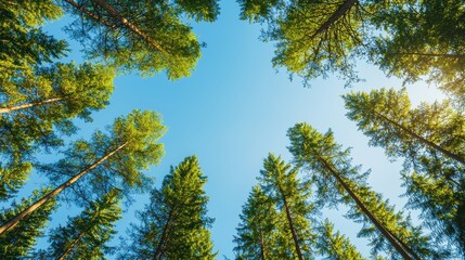 Obraz premium A serene view of tall trees reaching towards a clear blue sky, creating a peaceful and natural atmosphere.