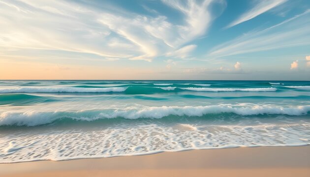 Beach landscape, turquoise ocean waves, golden sandy shore, soft foam, sunset sky, wispy clouds, serene atmosphere, vibrant colors, long exposure effect, tranquil seascape, dreamy horizon, coastal bea