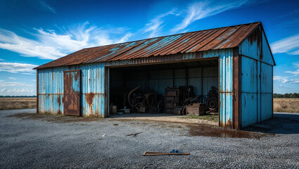 A large metal storage shed or garage with an open garage door, set on a gravel or dirt surface against a clear blue sky
