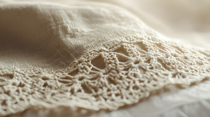 Obraz premium Delicate texture of off-white cotton fabric featuring intricate crochet floral pattern with visible weave.