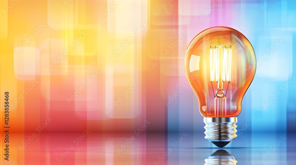 Poster illuminated filament light bulb casting warm glow against abstract blurred background