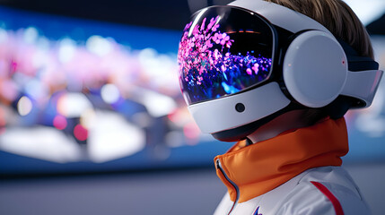 Child Wearing Futuristic Helmet with Interactive Display in Educational Center